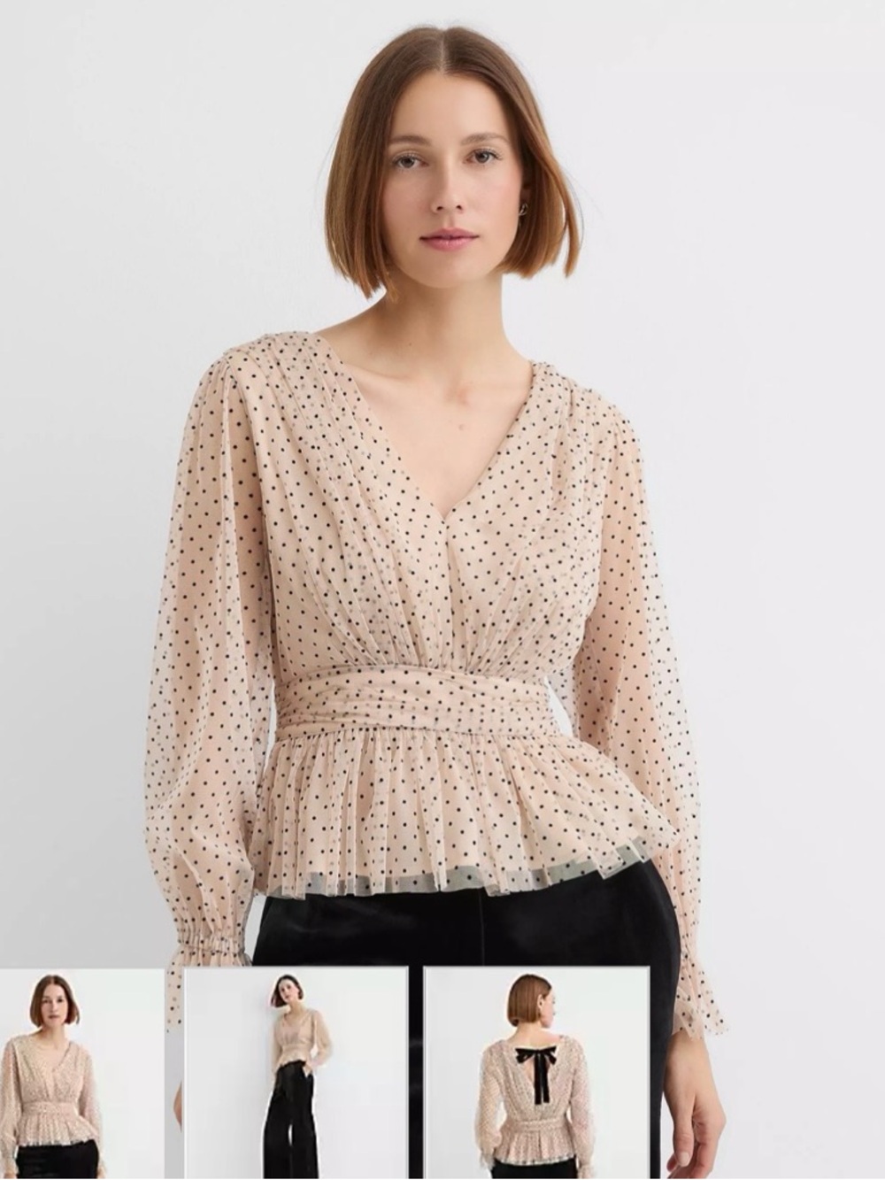 LOFT Beige Polka Dot V-Neck Peplum Blouse
